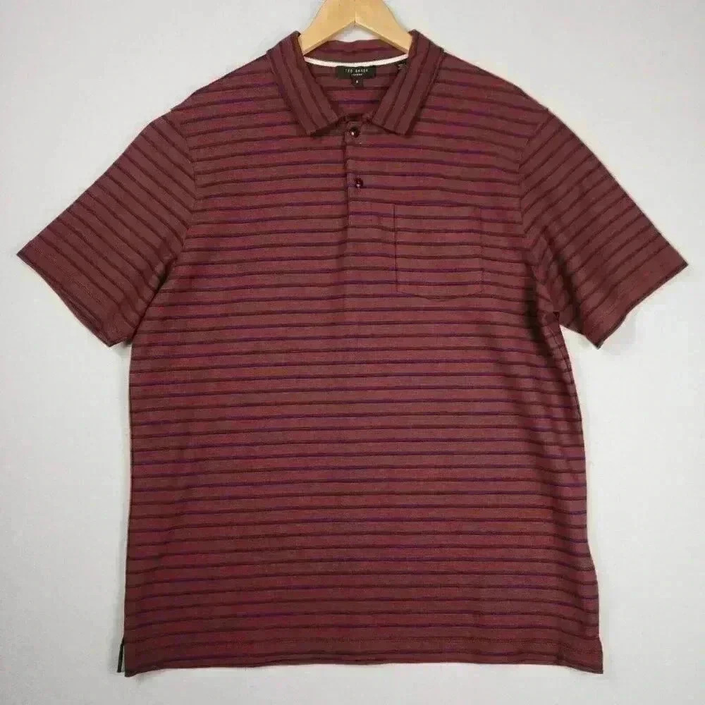 Ted Baker Mens Polo Shirt Short‎ Sleeve Collared Burgundy Blue Stripe Sz XL 5 UK